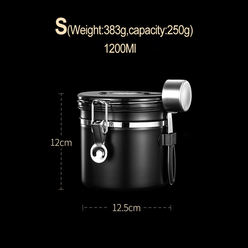 Recipiente de almacenamiento para granos de café, recipiente hermético de acero inoxidable sellado con válvula de CO2, mantiene los cereales frescos, tarro de té y caramelo: 1200ML-Black