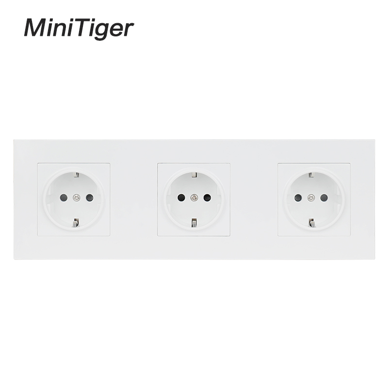Minitiger White Wall PC Panel 3 Way Power Socket Plug Grounded, 16A EU Standard Electrical Triple Outlet 258mm * 86mm
