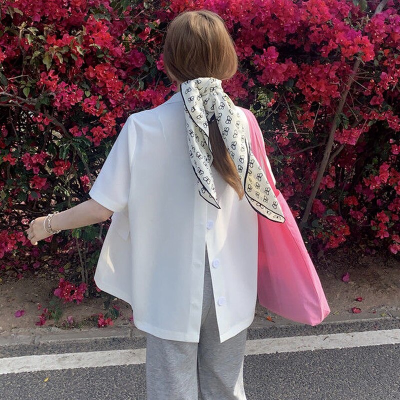 Blezery damskie jednolity, z nacięciem dwurzędowy modny workowaty koreańnarty styl wypoczynek lato z krótkim rękawem cały mecz elegancki prosty