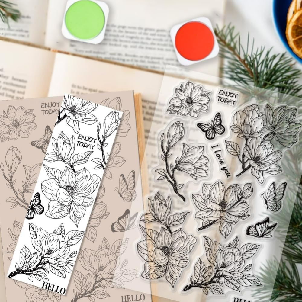 Magnoliablomma genomskinlig stämpel blommor silikonstämpel fjäril genomskinliga gummistämplar sigillstämplar för gör-det-själv korttillverkning dekor