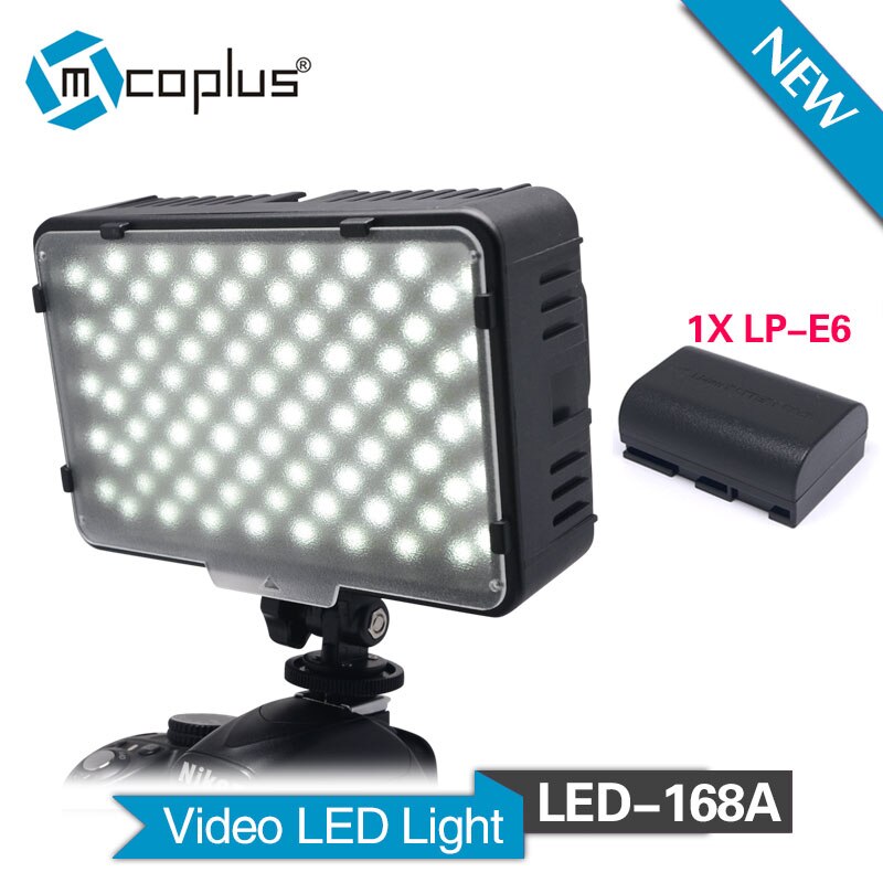 Mcoplus 168A LED Video Licht met 1 stks LP-E6 batterij voor Camcorder & Digital SLR Camera