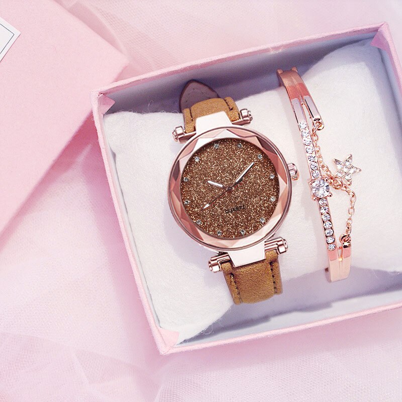 Dameur rhinestone romantisk stjernehimmel armbåndsur dame læderur ur til kvinder relogio feminino montre femme