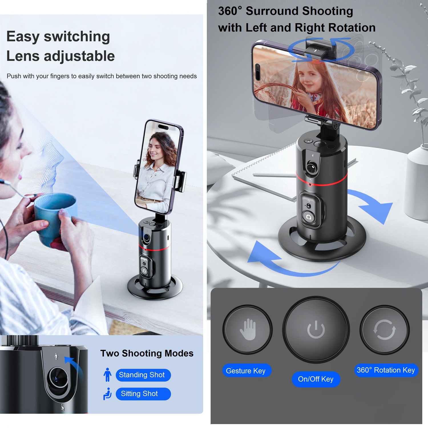 Statyw automatyczny do śledzenia twarzy 360 ° Obrót, AI Follow-up Selfie Desktop Śledzenie twarzy Uchwyt na telefon Stabilizator gimbala do telefonu