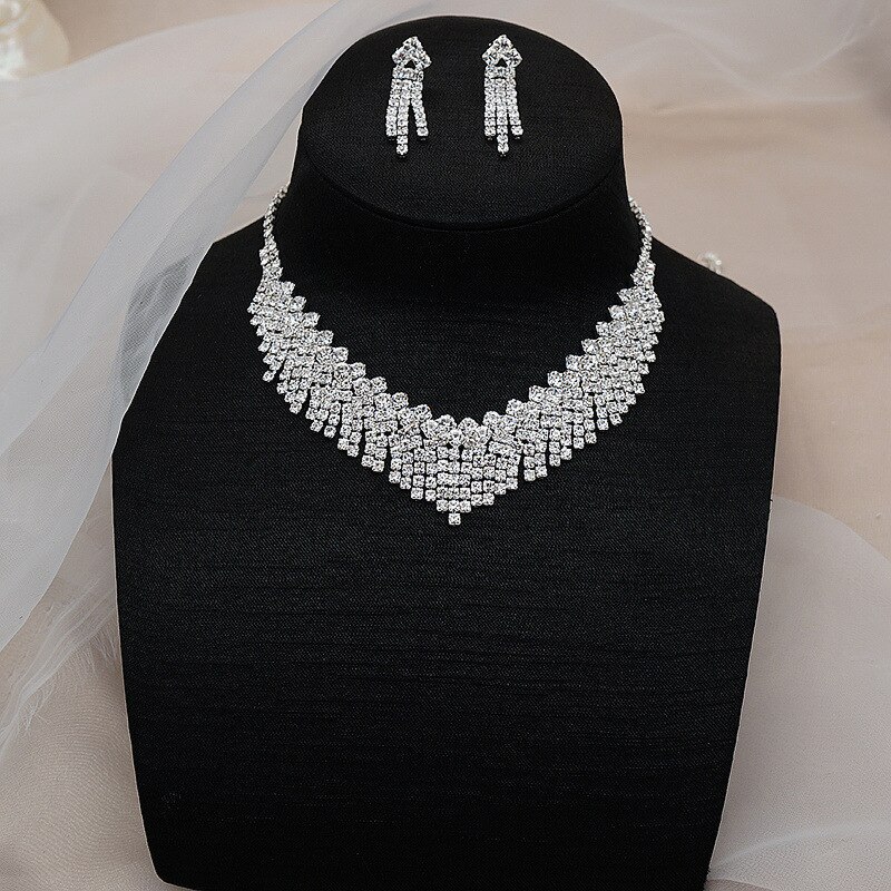 Mogaku 2Pcs Vrouwen Korte Tassel Sieraden Sets Strass Ketting Oorbellen Voor Bridal Wedding Party Shiny Accessoires Set: style a