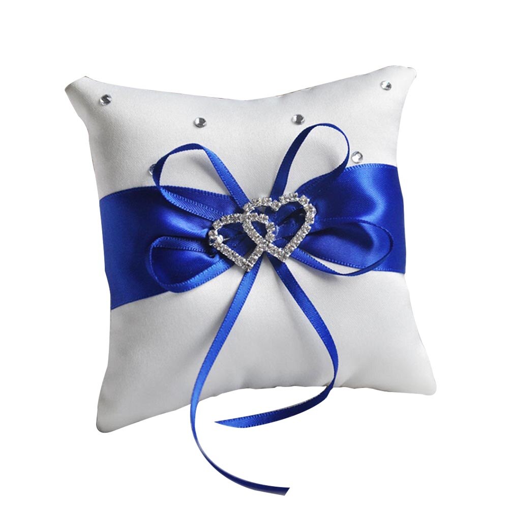 Wedding Ring Pillow Ribbon Bowknot Rhinestones Heart Decoration Party Satin Cushion INTE99: Blue 20x20CM