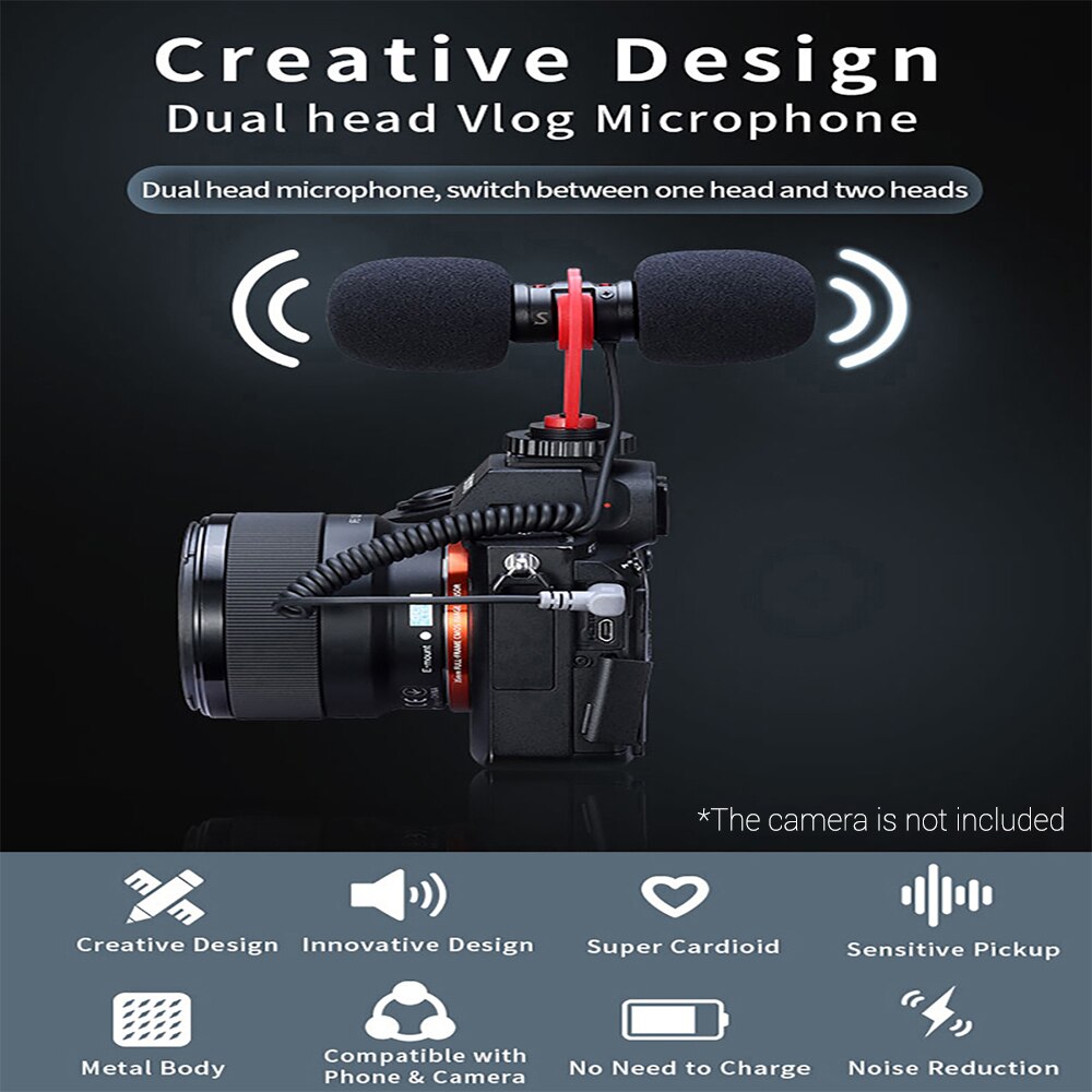 SAIREN T-MIC Dual-Head Mini Microphone Super-Cardioid Stereo Record Mic 3.5mm TRRS Plug for DSLR Camera Smartphone Video Vlog