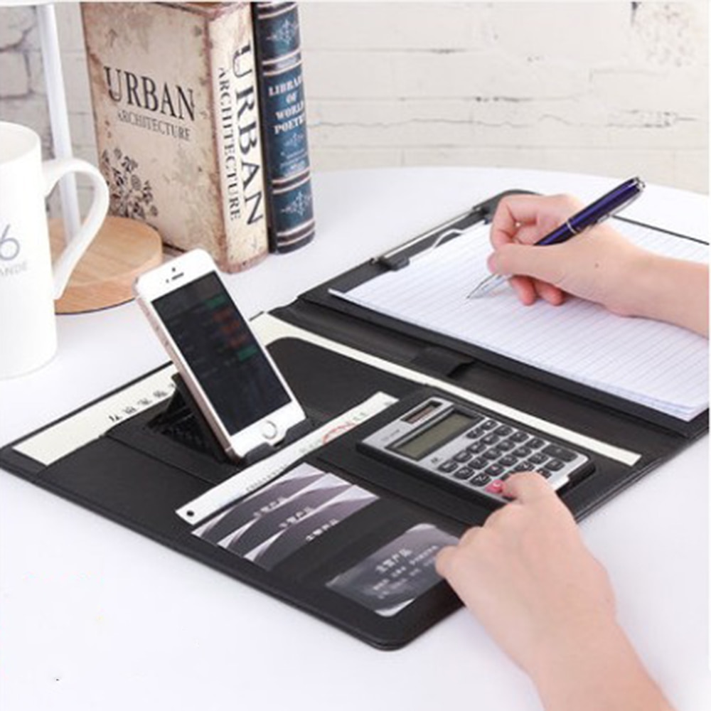 Multifunctional Padfolio Business Zippered Padfolio Folder Document Case Organizer Leather A4 PU Portfolio Memo Pad