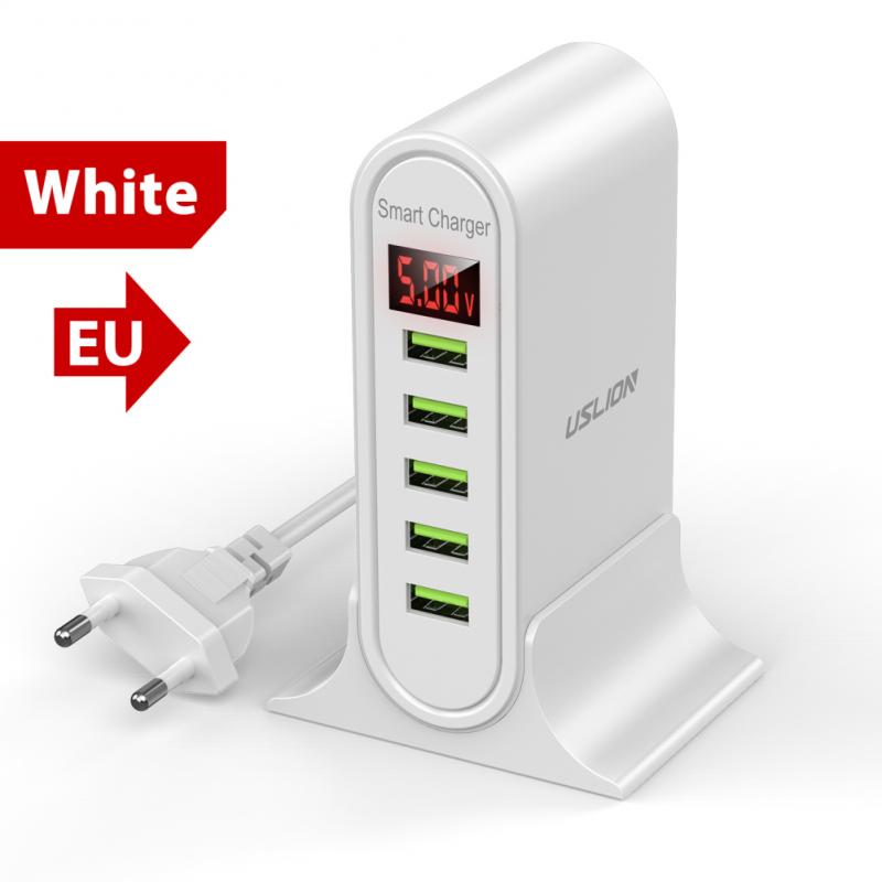 1PC 5 Port USB Charger HUB LED Display Multi USB Charging Station Dock Universal Mobile Phone Desktop Wall Home EU UK Plug: 02 EU WHITE