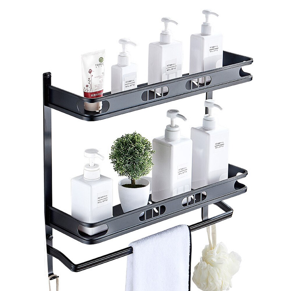 Punch-Free For Bathroom Accessories Space Aluminum Black Multifunctional Single And Double Layer Storage Rack Shower Shelves