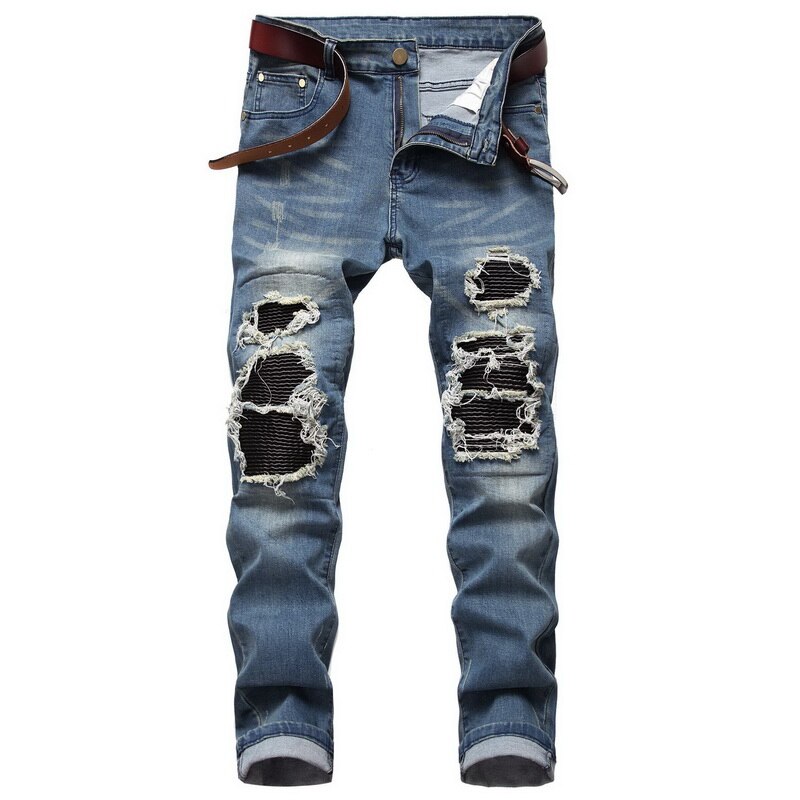 automne printemps hommes déchiré rue HIP HOP Punk Stretch vélo jean à la trous droite Denim pantalon: P8009 2 / 40 INCH USA SIZE
