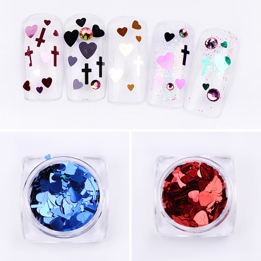 1 Doos 12 Kleuren Mix Grootte Hart Vorm Nail Pailletten Cross Vorm Vlokken Roze Paars Glitter Paillette Manicure Nail Art decoratie