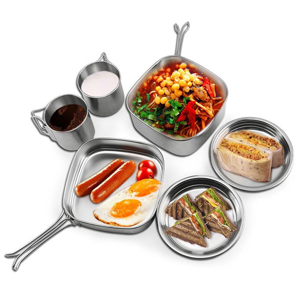 8Pcs Rvs Outdoor Picknick Pot Pan Kit Camping Wandelen Mini Kookgerei Bowl Cup Cover Koken Set Camping Apparatuur