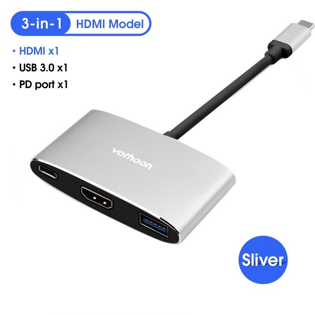 Vothoon USB Type C HUB to USB 3.0 HDMI USB HUB for MacBook Pro Air Huawei P30 Samsungs S10 S9 3 Port VGA Type C HUB: 3-in-1 Silver