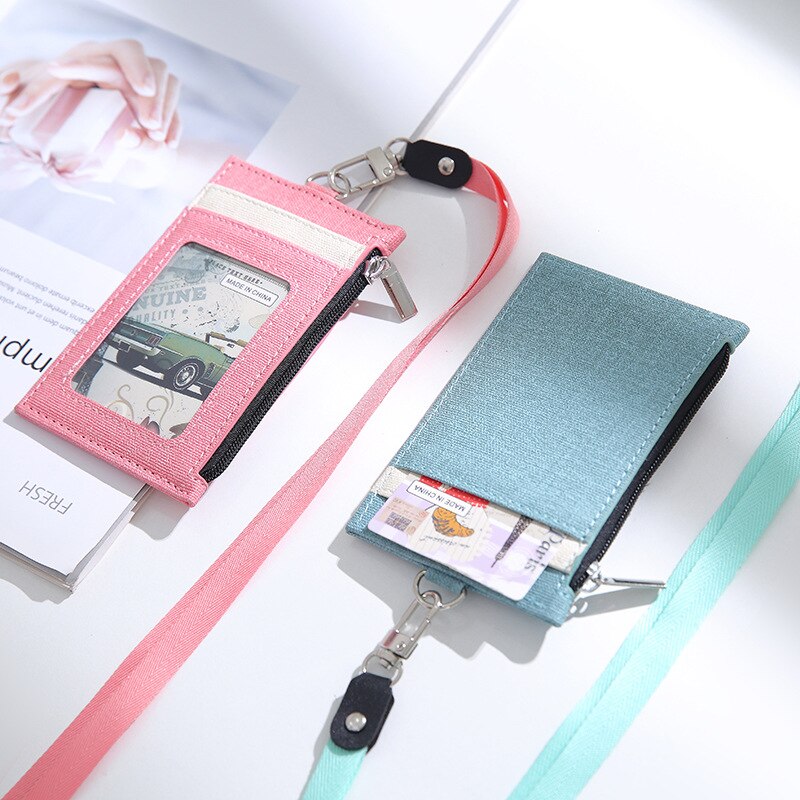 Personeel Bus Pass Card Sleeve Case Pu Leather Wallet Type Id-kaart Naam Badge Houder Met Neck Strap Lanyard Badge