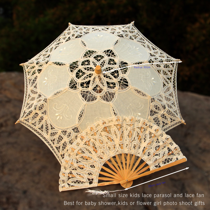 Fabrik Handgemachte Verschiedenen Größen Prom Hochzeit Braut Spitze Regenschirm Fan Sonnenschirm Latte-Burg Spitze Sonnenschirm und Fan einstellen