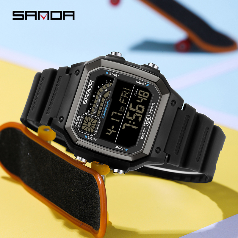 SANDA Outdoor Sport Elektronische Chronograph Uhr Männer Multifunktions Uhren Wecker Chrono Wasserdichte LED Digital armbanduhr