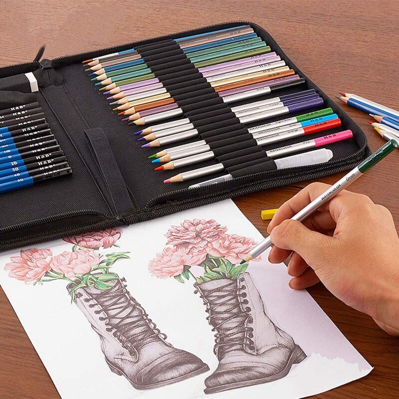 H & B 51 unids/set Kit de dibujo lápiz de madera dibujando lápices boceto de arte suministros de pintura con bolsa de transporte