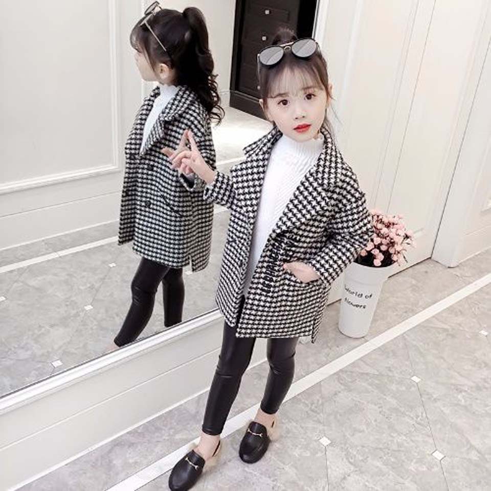 Veste coupe-vent en laine pour fille, manteau Long d'hiver, automne, vêtements chauds d'extérieur, Plaid, 020