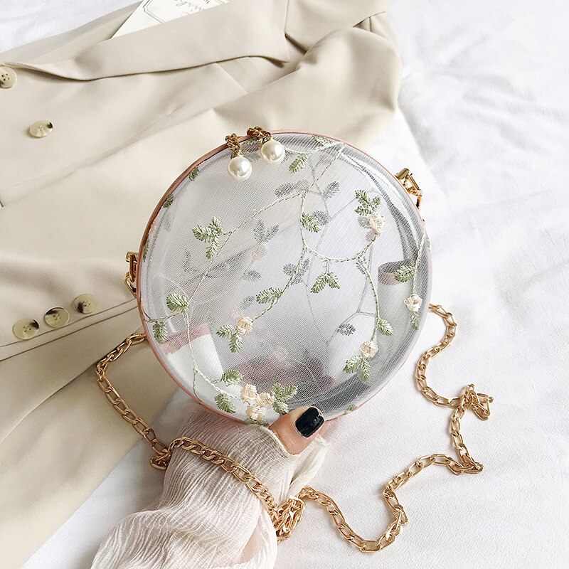 Transparente Runde Umhängetasche - Floral PVC - Perlen & Ketten Deko - Einzelner Riem - Lady Stil: 18 cm Rosa