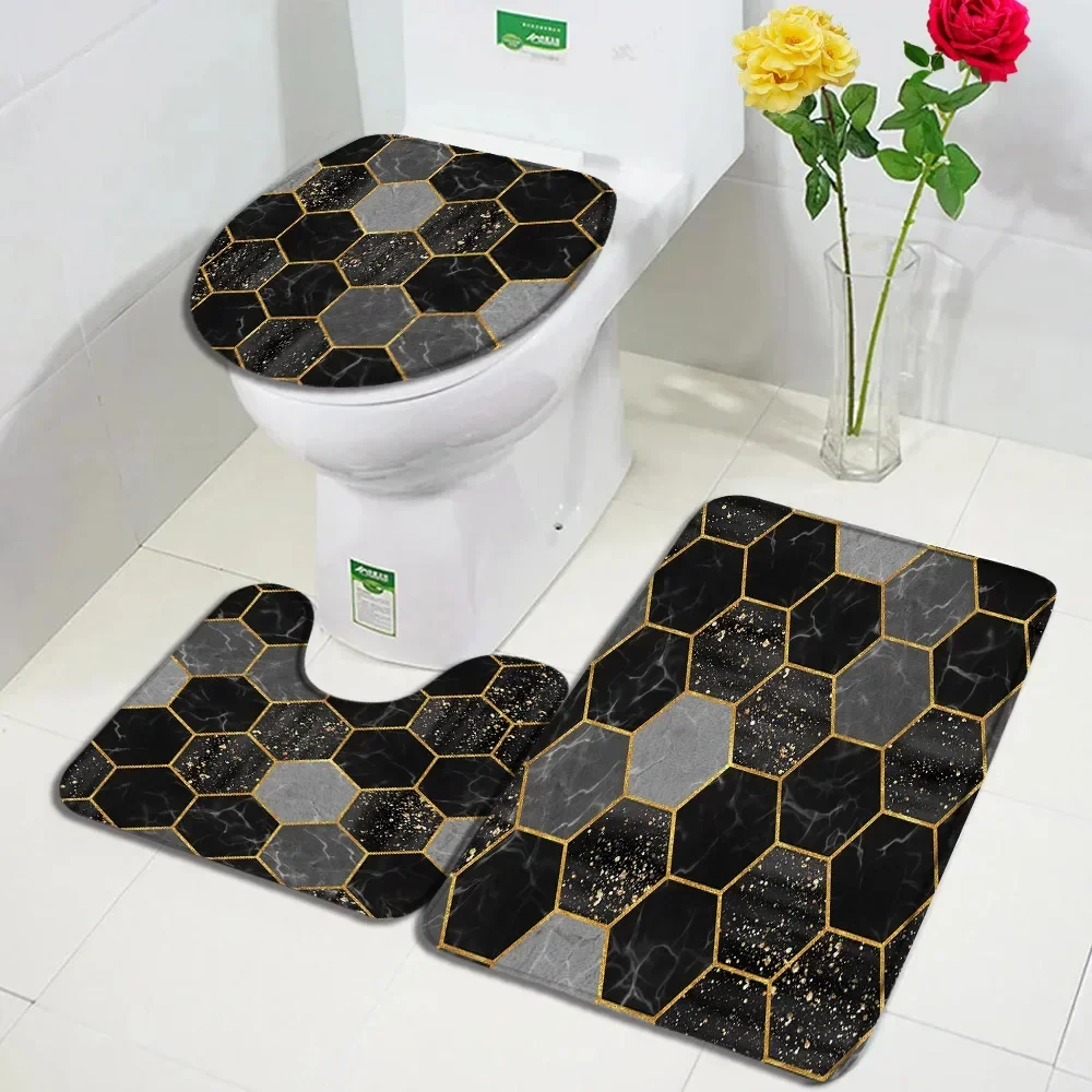 Abstract Black White Marble Bath Mat Set Geometric Texture Modern Carpet Home Bathroom Decor Non-slip Rugs Toilet Cover: WHITE
