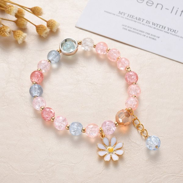 Bonita pulsera de cuentas de cristal verde para mujer, pulsera elástica ajustable con dije de flor de Lily Valley, joyería de cumpleaños y boda: Bronce antiguo plateado