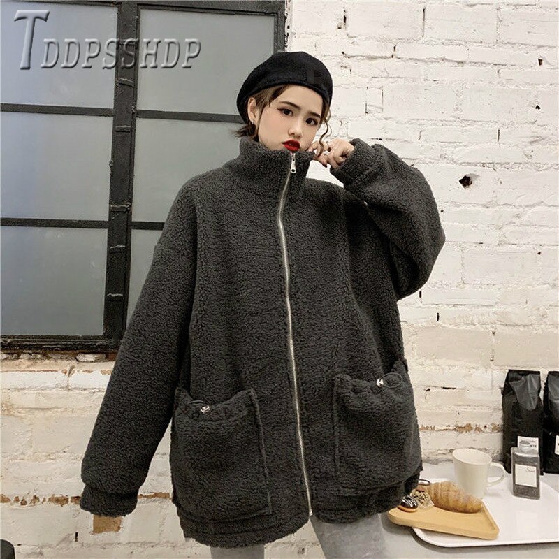 Abrigo holgado de estilo Bf Harajuku para mujer, chaqueta femenina de imitación de lana de cordero para otoño e invierno,