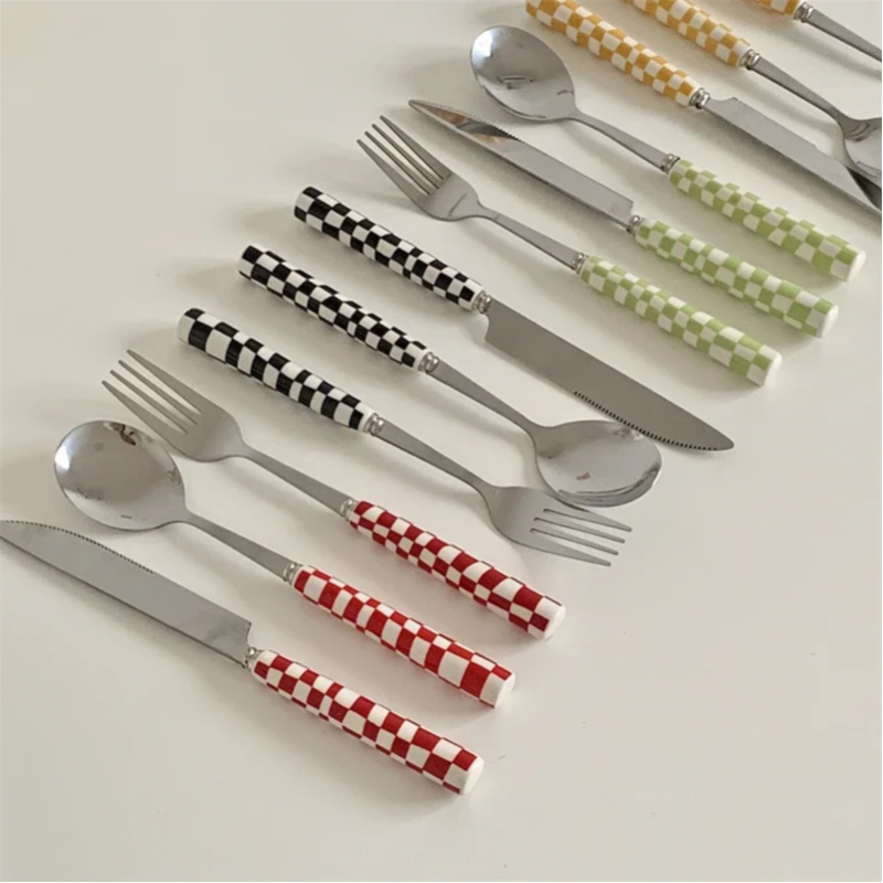 3 stks/set Rvs Mes Vork Lepel Dambord Keramische Handvat Bestek Set Westerse Servies Dessert Vork Mes Lepel