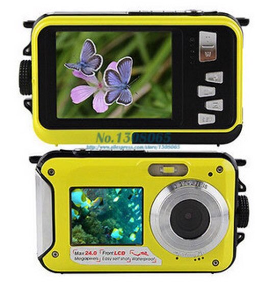 2.7 inch TFT Digital Camera Waterproof 24MP MAX 1080P Double Screen 16x Digital Zoom Cam: Yellow / with 16GB card