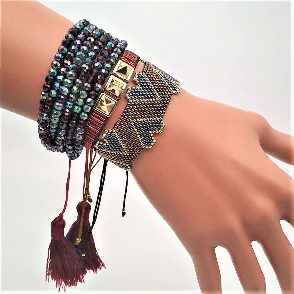 ZHONGVI Miyuki Bracelet Woven Love Female Bracelet European and American Street Punk Style Willow Stud Crystal Bracelet: set