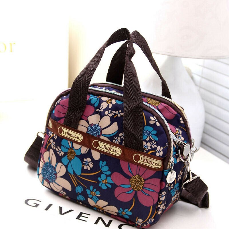 Women Girls Bag Waterproof Nylon Zipper Shoulder Bag Travel Tote Purse Shopping Bags: Purple Flower