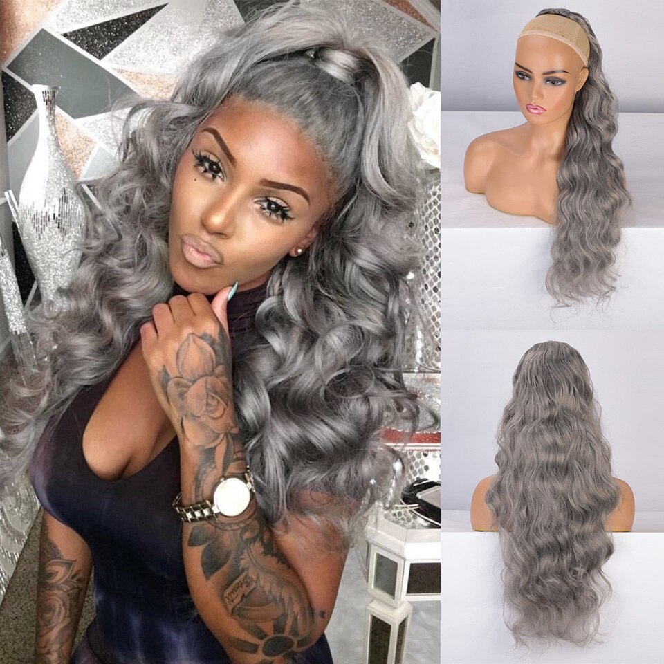 AISI BEAUTY Synthetic Wrap Around Ponytail Long Body Wave Ponytail Extension Black Hairpiece for Balck White Women: gray