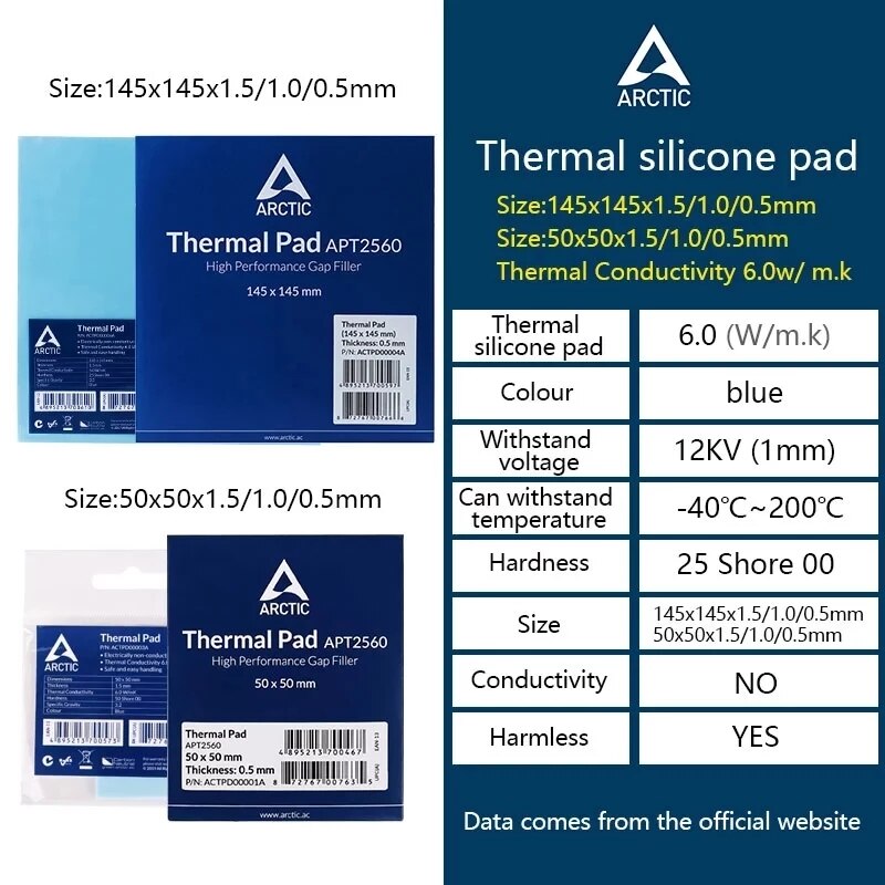 ARCTIC High Efficient Thermal Pad 145x145x0.5/1.0/1.5mm Graphics Card Memory North And South Bridge Water Thermal Pad 6.0 W / mK