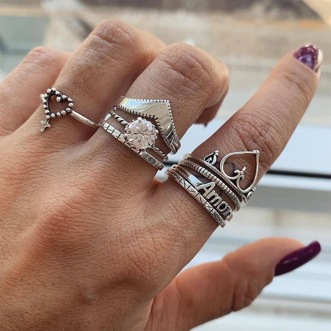 Bohemian Rings For Women Antique Silver Color Angle Anel Knuckle Gothic Punk Initial Ring Set Boho Jewelry Anniversary Gif: 9