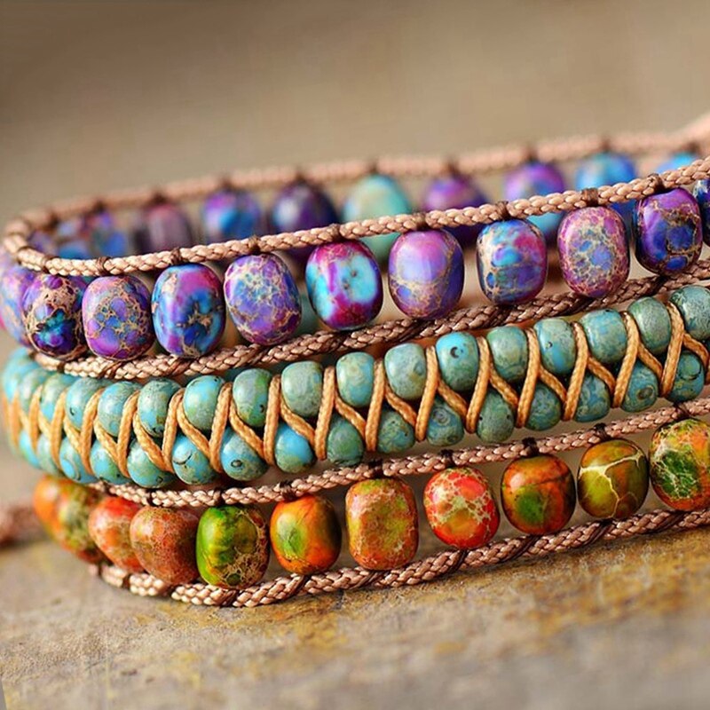 prächtig Perlen wickeln Armbänder mit Natürlichen Stein Jaspers Strang Armbinde Frauen Teengirls Böhmischen vegan Schmuck