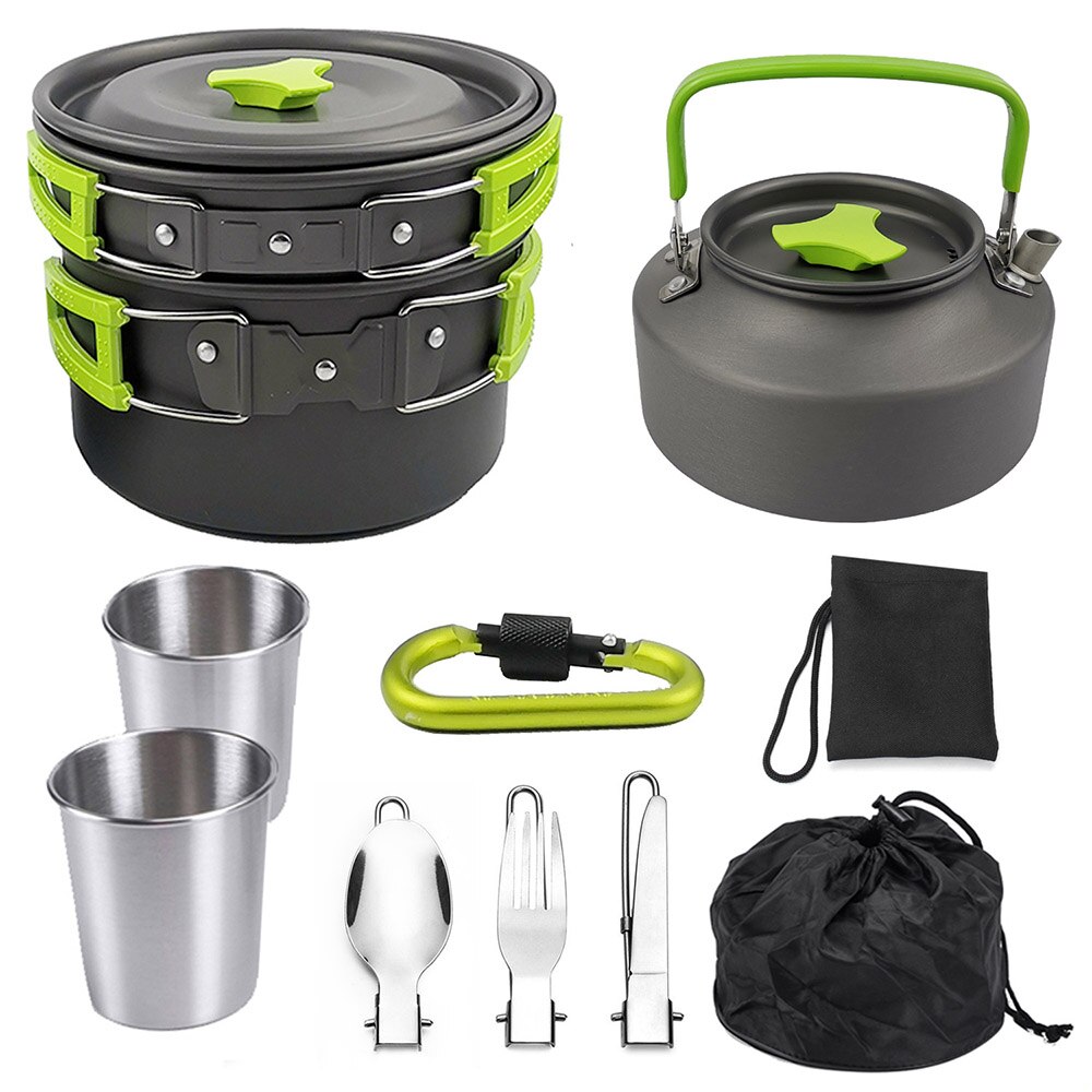 1 Set Outdoor Potten Pannen Camping Kookgerei Picknick Koken Set Non-stick Servies Met Opvouwbare Lepel Vork Mes Ketel cup: green