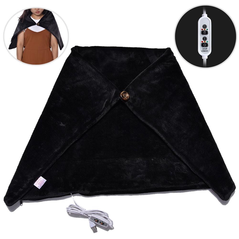 Office Home Electric Warming Heating Blanket Pad Shoulder Neck Heating Shawl USB Soft 5V 2A Ourdoor Soft Heated Shawl: Black 45x80cm