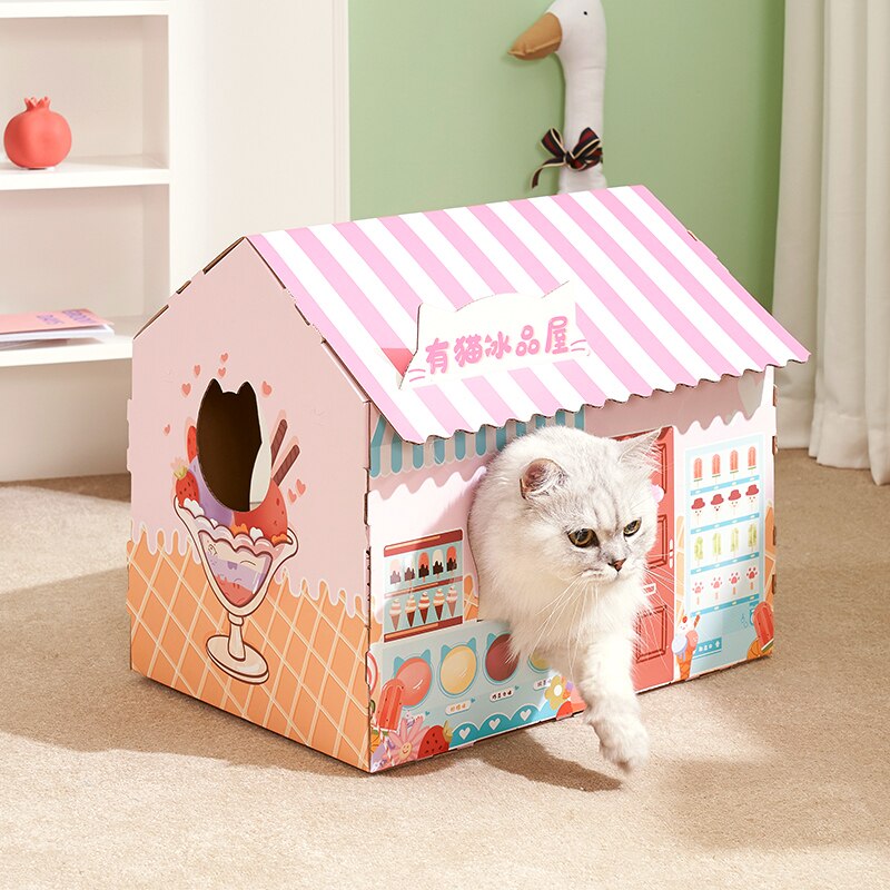 Rascador de cartón para gatos, casa de juguete para gatos, poste para gatos, rascador: E