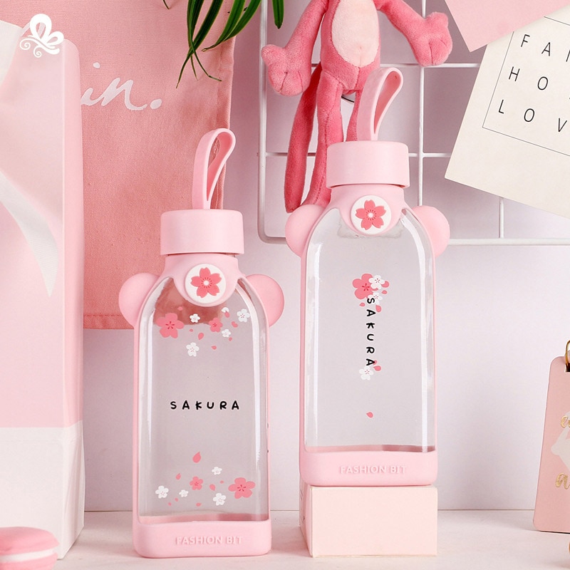 Neue Nette Glas Flasche Kreative Karikatur Rosa Kirschblüte Glas Wasser Tasse Mit Silikon Abdeckung Für Frauen Mädchen Trinken Flaschen