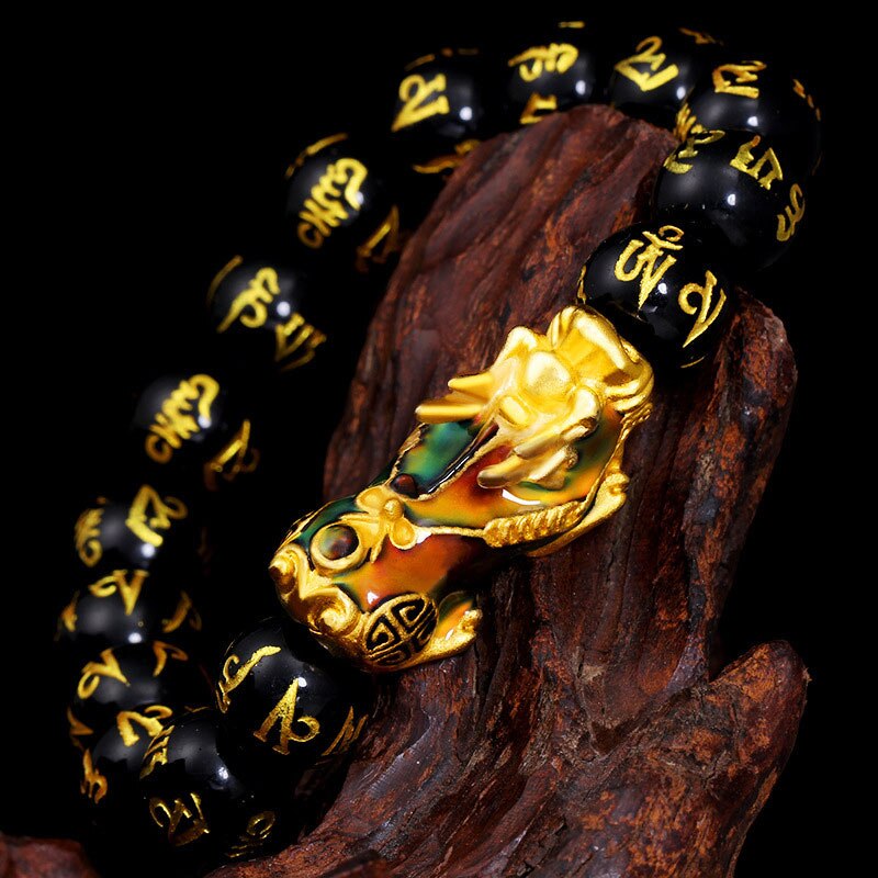 Newly Feng Shui Green/Black Obsidian Alloy Wealth Golden Pixiu Bracelet Lucky Jewelry DOD886