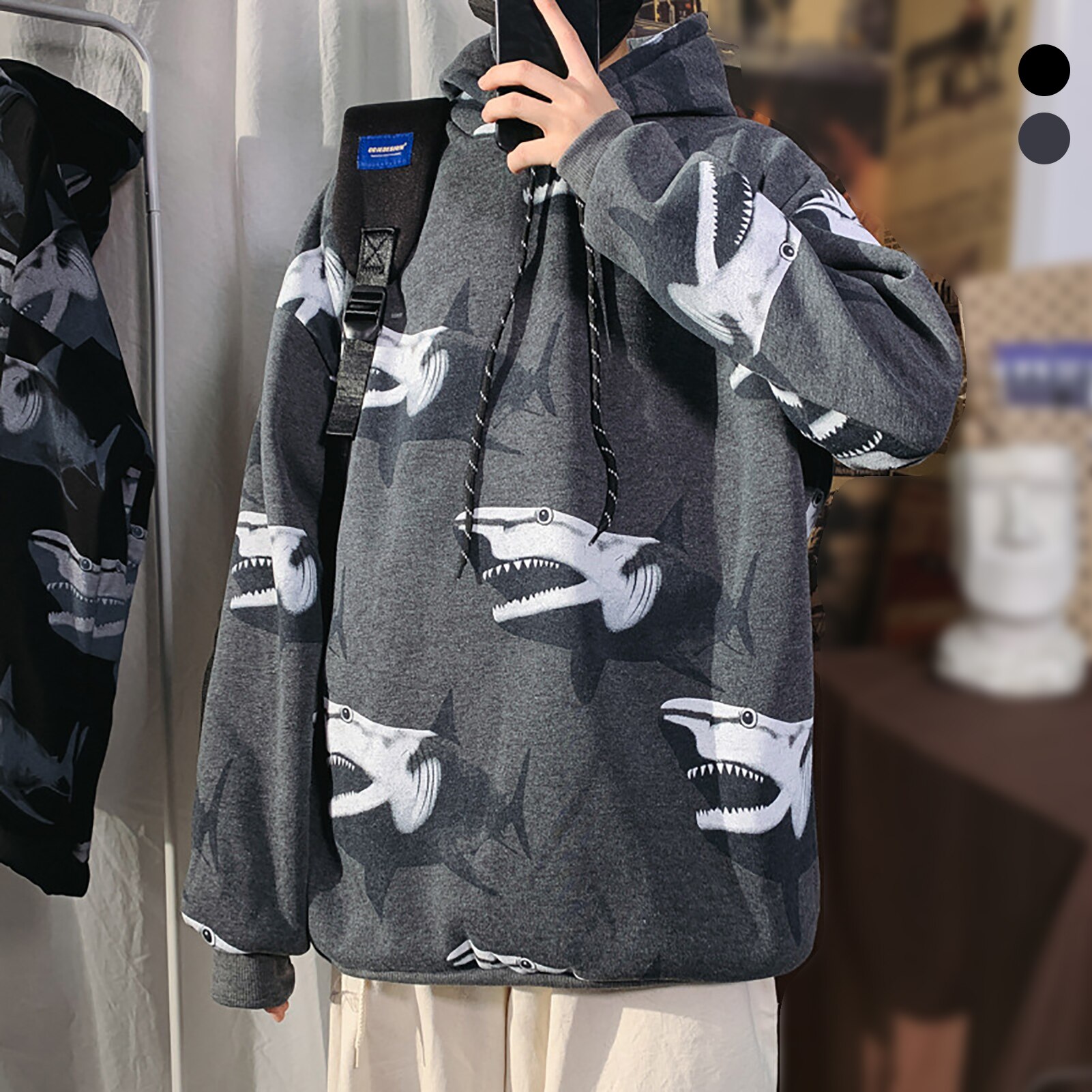 Men Autumn Sharks Print Long Sleeve Drawstring Hoodie Plush Thick Sweatshirt