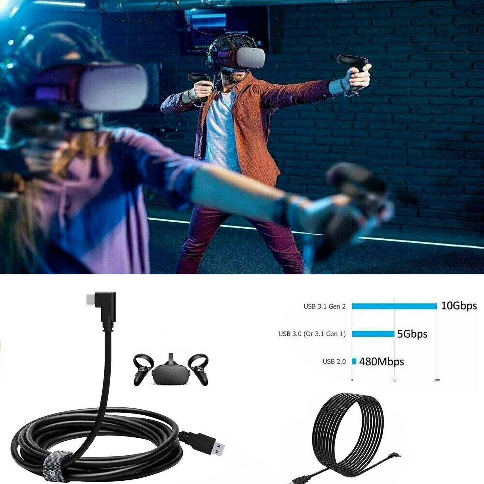 Cable de enlace para Oculus Quest 2, USB A 3,2, totype-c, ángulo de codo, carga 3A