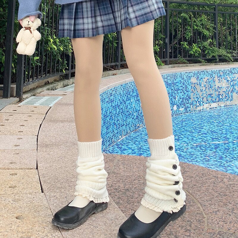 Japanese JK uniform Lolita style Slouch Socks Loose Boots Solid Color Knit Over Knee Leg Warmers Socks warming cover leg warm: white  B