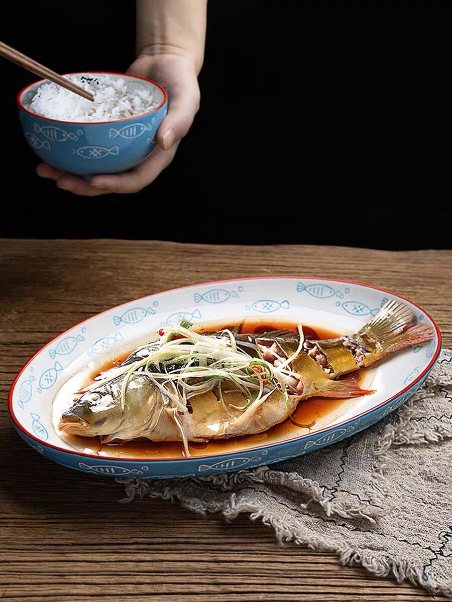 Ceramic Steamed fish plate 8/10/12inch round oval dish with disc clamp heat resisitant procelain tableware dinner set