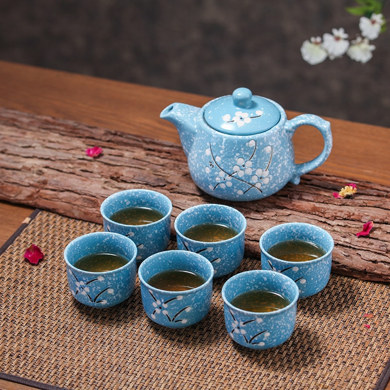 Tea Set High-grade Bone Porcelain Snow TeaSet Festival Bottle, Water Cup Box Pink Blue Six Cups Ceramic Teapot Set: Blue