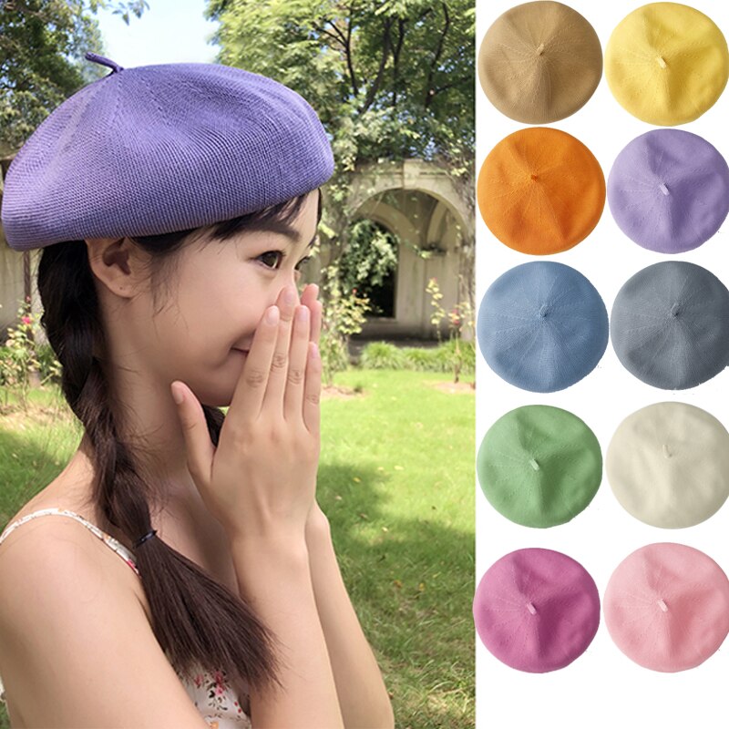 Vrouwen Baret Cap Lente Zomer Enkele Dunne Ademend Linnen Geweven Candy Kleur Baret Hoed Netto Britse Alle-Match Meisjes schilder Hoed