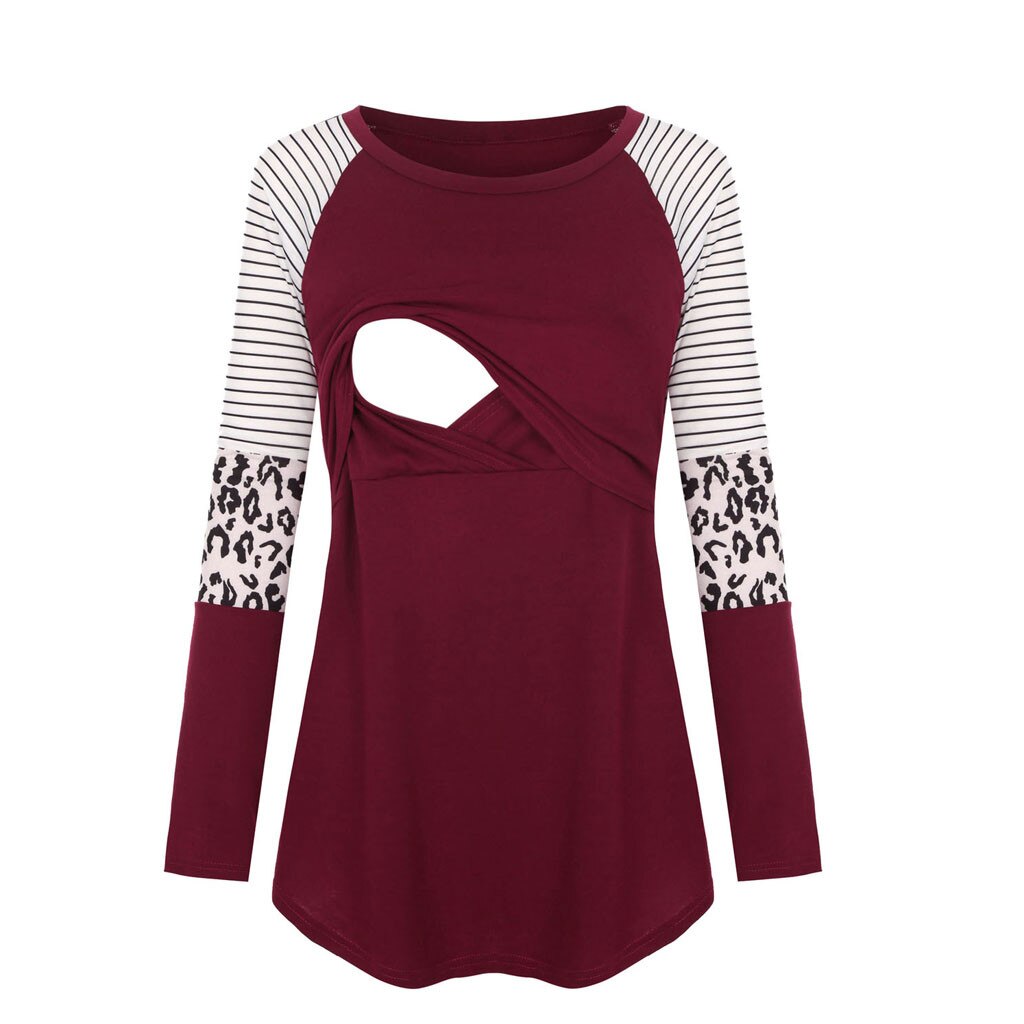 Frauen Mutterschaft Lange Ärmel Pflege Patchwork Farbe Spitzen Stillen Bluse pijama lactancia invierno baumwolle mutterschaft kleidung: Wein  / L