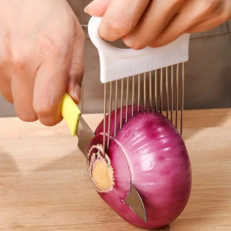 Support de coupe d'oignon en acier inoxydable, trancheur alimentaire, Assistant de tomate, support de trancheur d'oignon, fourchette de coupe de légumes, Gadgets de cuisine