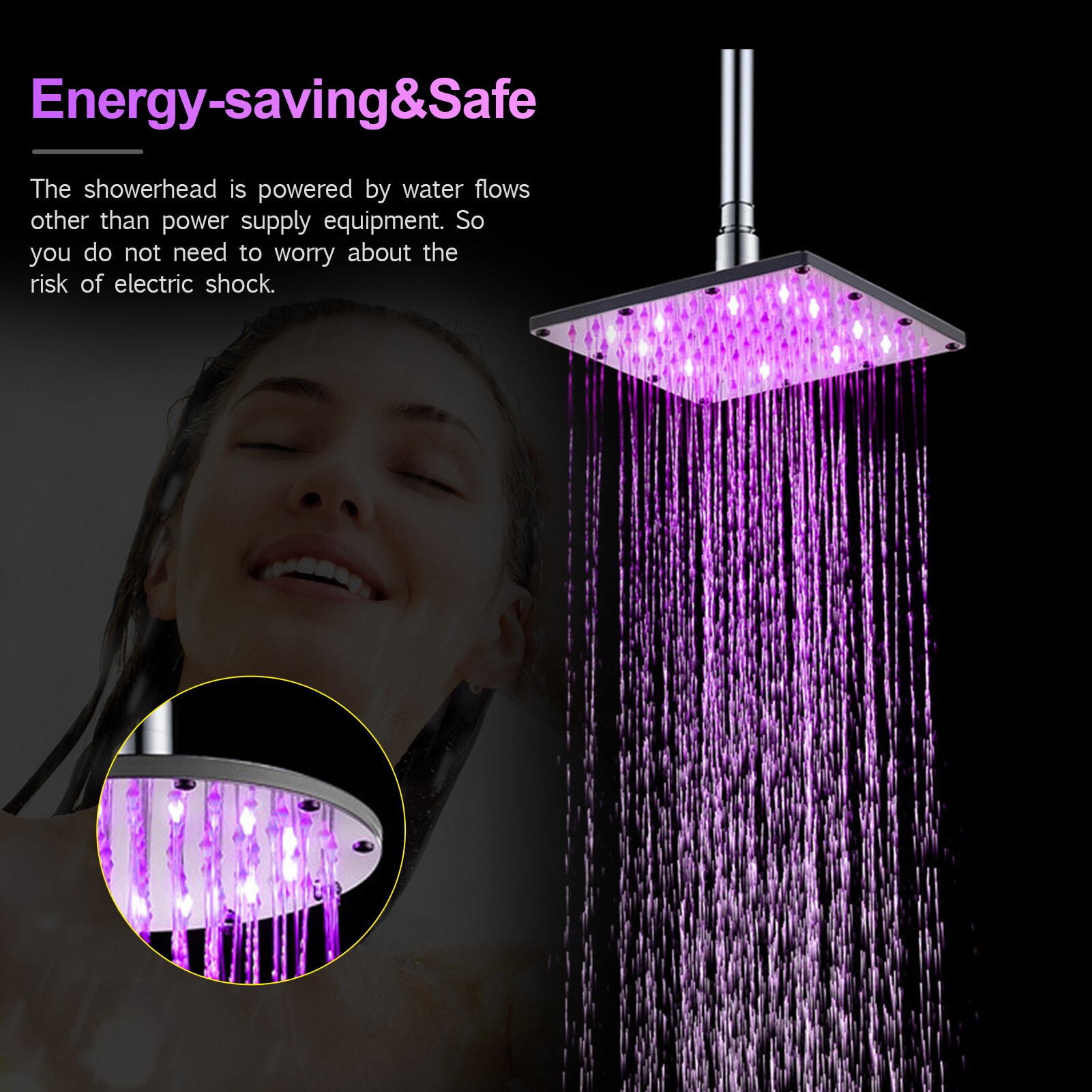 10 inch LED Rainfall Shower Head Square Shower Head Automatically Colorful Flashing Lights Showerhead for Bathroom