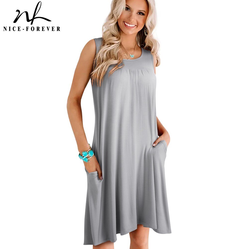 Nice-forever Summer Basic Pure Color Sleeveless Dresses Straight Shift Loose Women Casual Dress A219