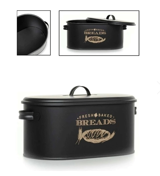 Metal Bread Box Bread Bin Metal Lid Kitchen Container Storage Organizer Black Stainless Bread Organizer Pita Baguette Bamboo